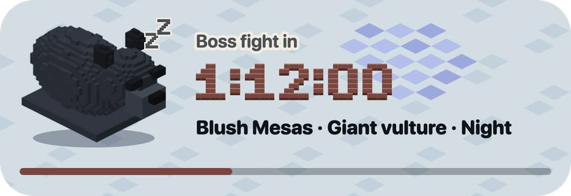 The boss countdown Live Activity: a giant asleep, Boss fight in 1:12:00, Blush Mesas, Giant vulture, Night
